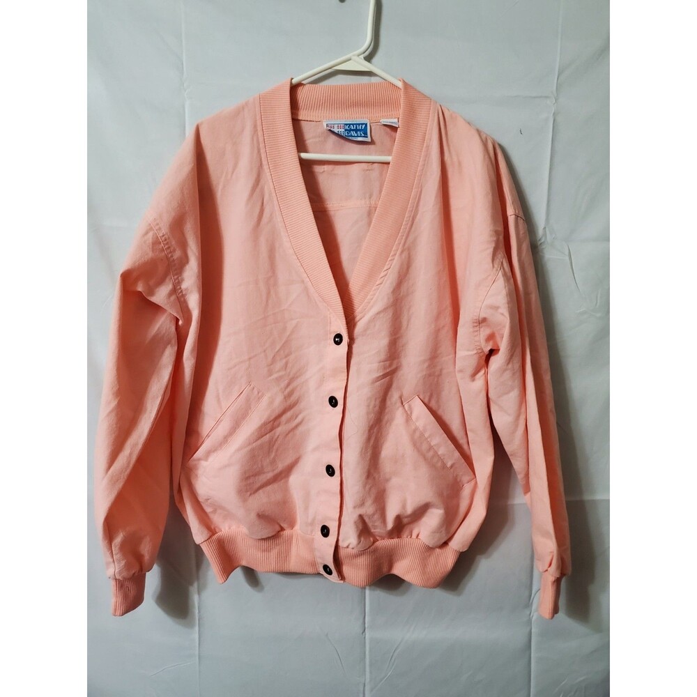Kathy Davis Cardigan Sweater Peachy Pink Size Medium V Neck Front Pockets